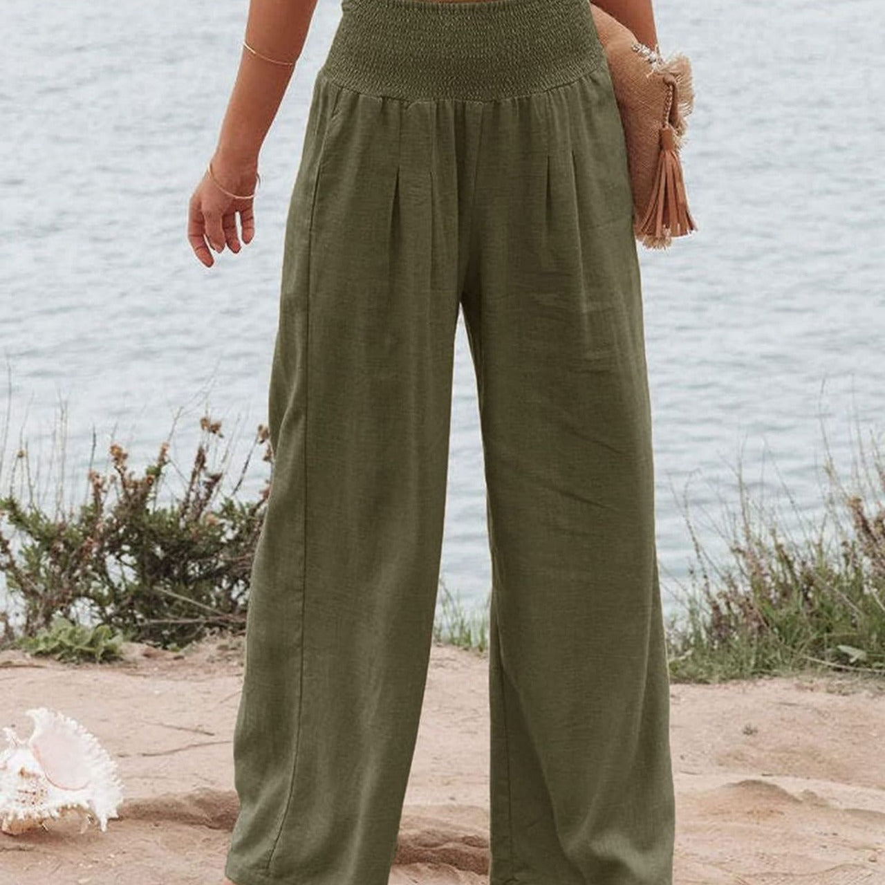 Damen Weite Leinenhose mit elastischem Bund und Falten WW