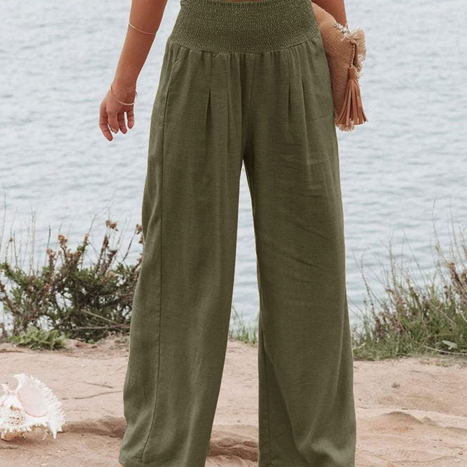 Damen Weite Leinenhose mit elastischem Bund und Falten WW