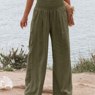 Damen Weite Leinenhose mit elastischem Bund und Falten WW