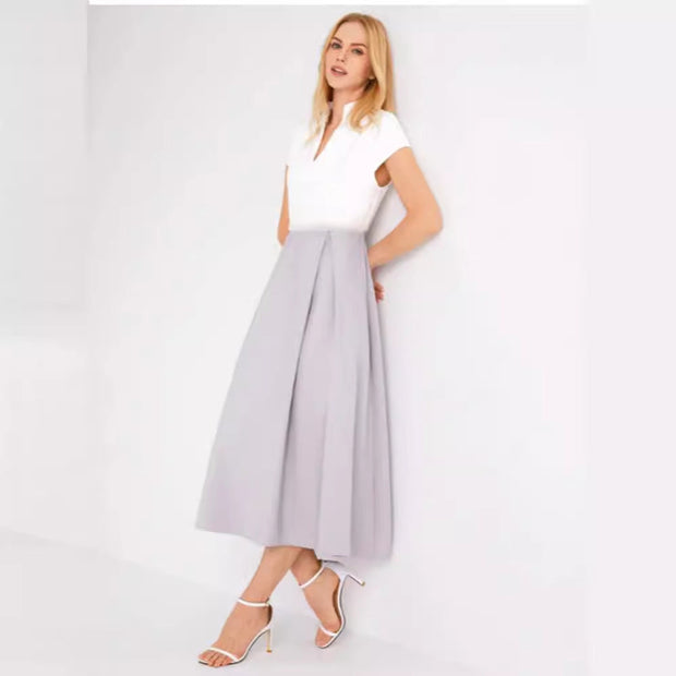 WW | Weißes Farbblock V-Ausschnitt Ausgestellt Sommerkleid
