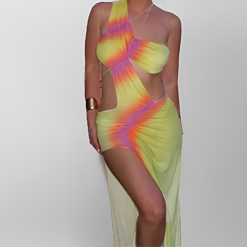 Damen Strandkleid mit asymmetrischem Schnitt und farbenfrohem Batik-Design W&W Mode