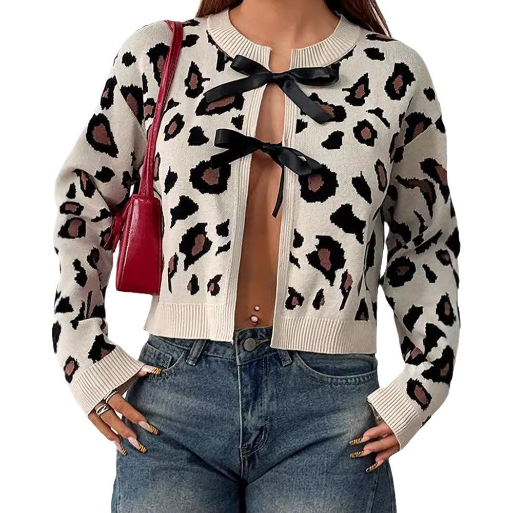 Damen Stilvolle Leopardenstrickjacke mit Bindebändern WW