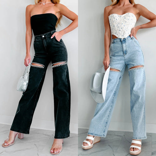 WW | Lässige Nieten Ripped Straight Leg Damen Jeans