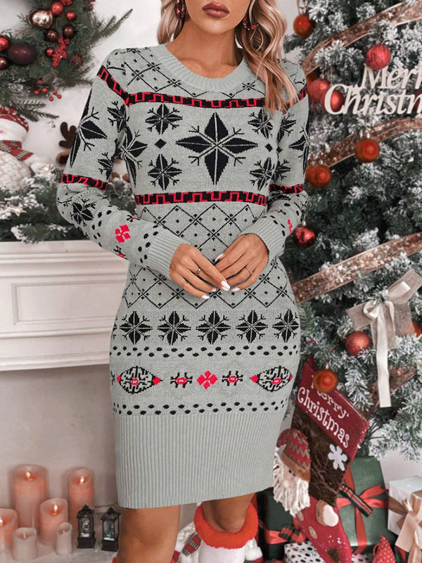 Damen Strickkleid mit festlichem Norweger-Muster und modernem Schnitt WW