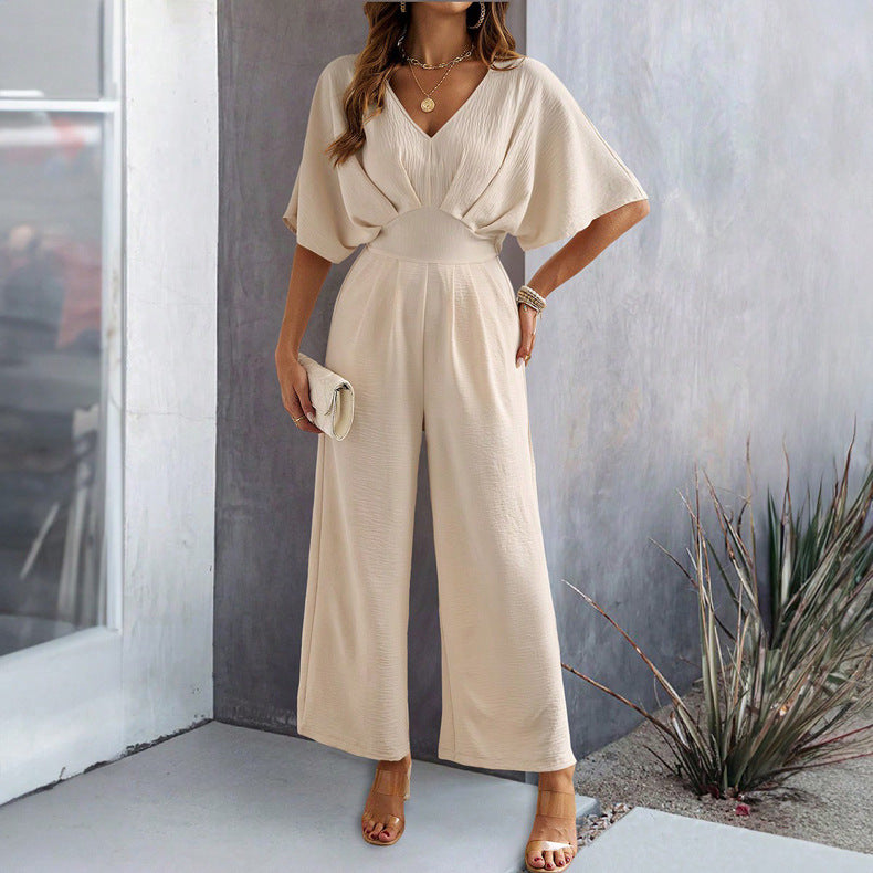 Damen Weit geschnittener Jumpsuit mit eleganten Drapierungen und V-Ausschnitt WW