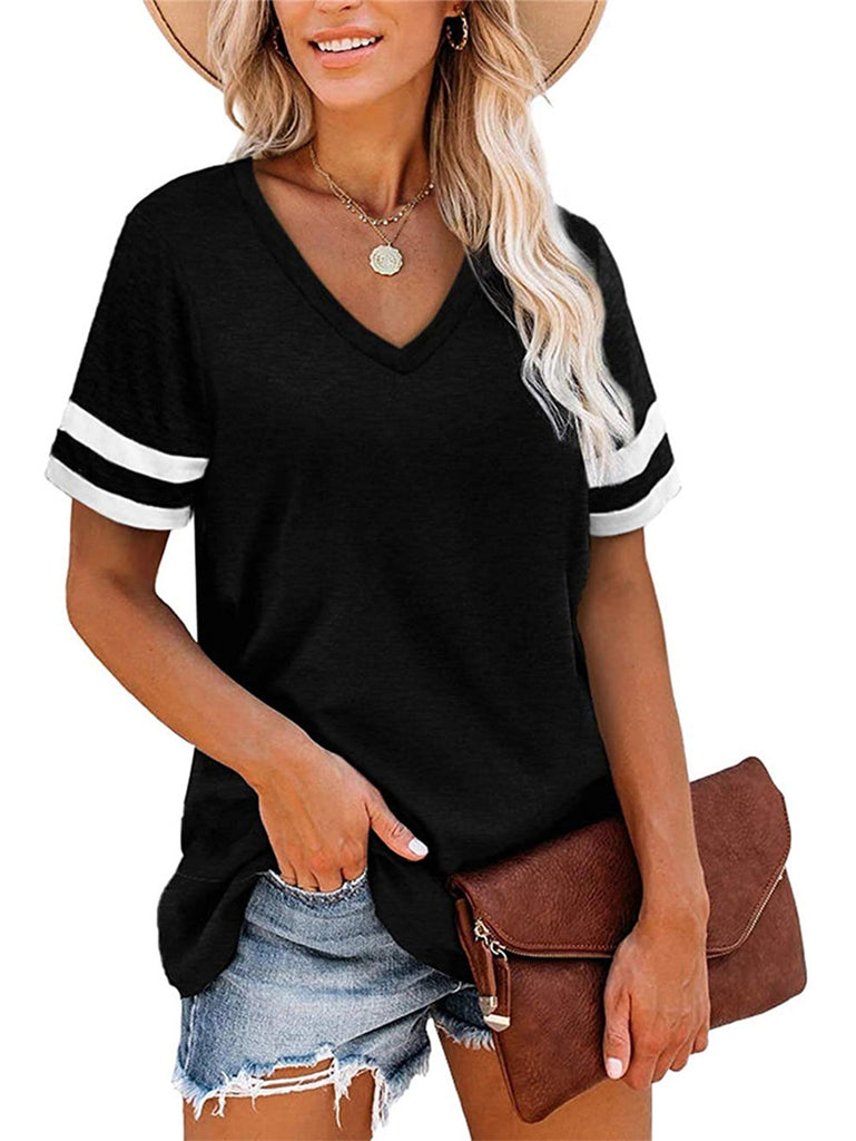 Damen V-Ausschnitt T-Shirt mit sportlichem Streifenmuster und lockerem Schnitt WW