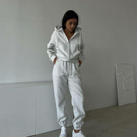 Damen sportliches Fleece-Jogginganzug mit praktischer Kapuze und Kordelzug WW