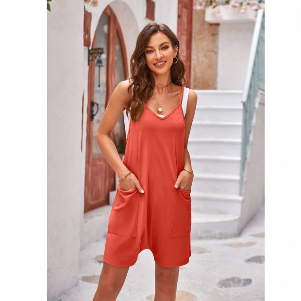 Damen komfortabler Overall mit tiefem Ausschnitt und praktischen Taschen WW