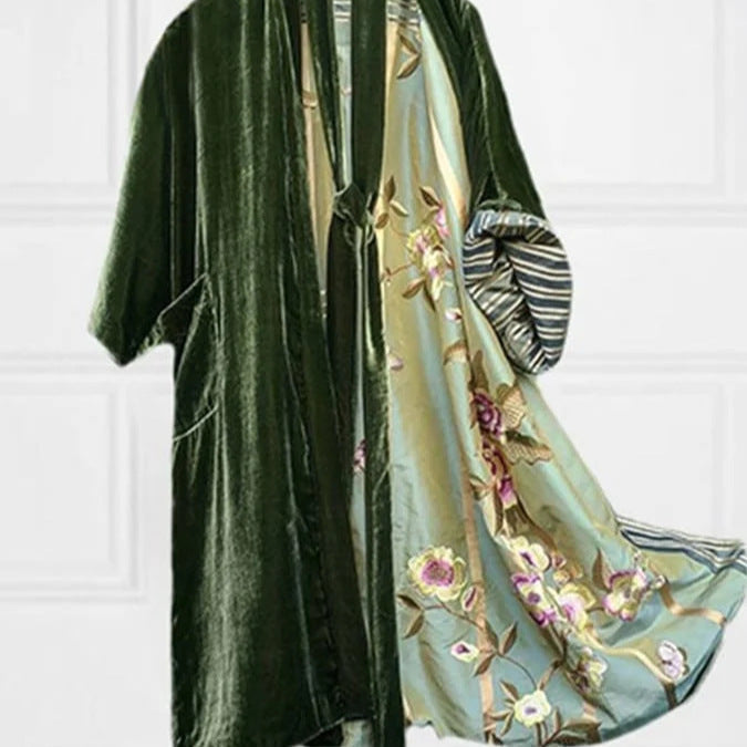 W&W Mode | Satin Digital Floral Taille Gürtel Cardigan Schlafanzug