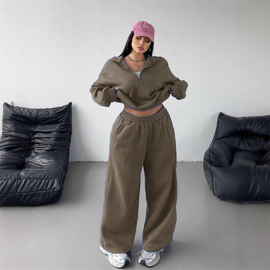 Damen Sportliches und lässiges Fleece-Set mit halbem Reißverschluss WW