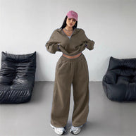 Damen Sportliches und lässiges Fleece-Set mit halbem Reißverschluss WW