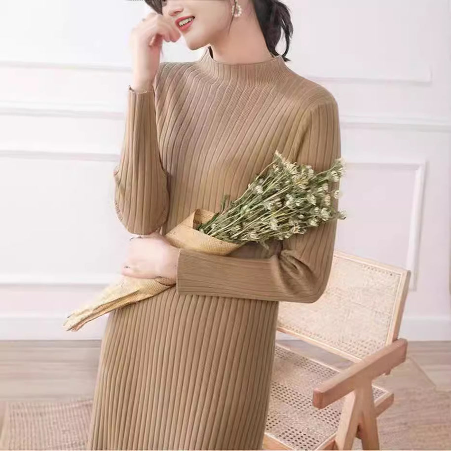Damen Strickkleid mit feiner Rippstruktur und hohem Kragen WW