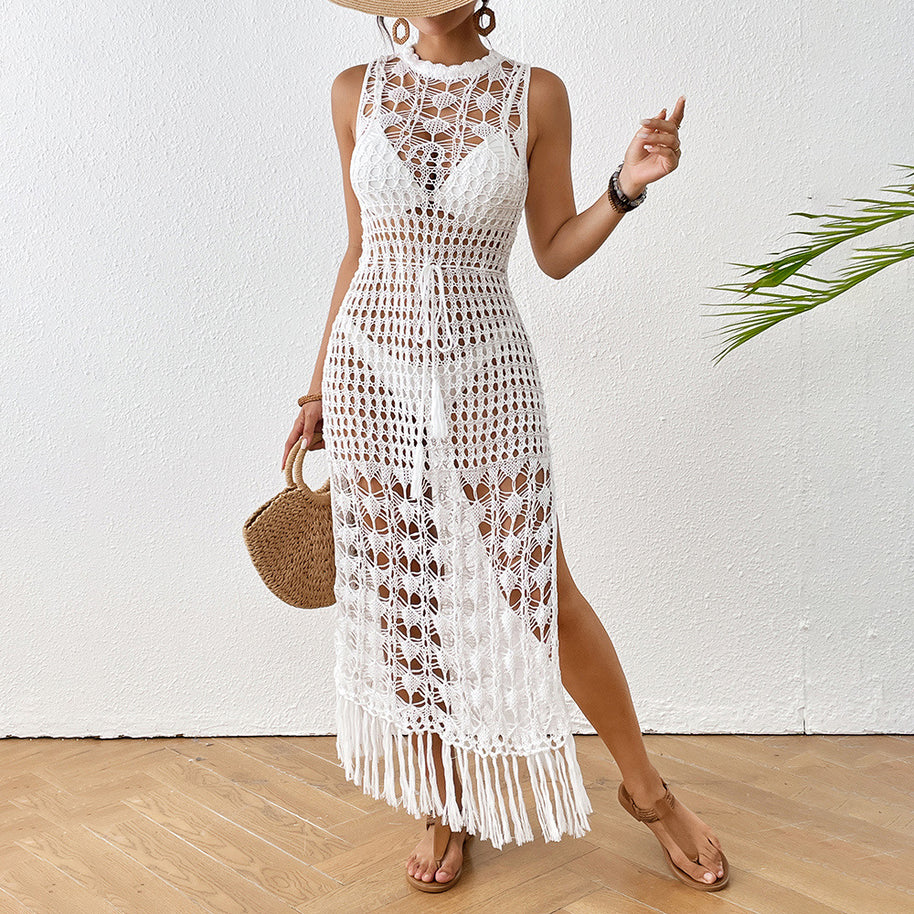Damen gehäkeltes Strandkleid mit tiefem Schlitz und fransigen Akzenten WW