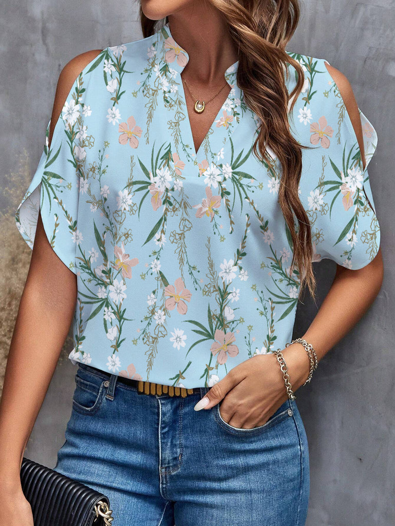 Damen Trendy Bluse mit Cut-Out-Ärmeln und floralem Muster WW