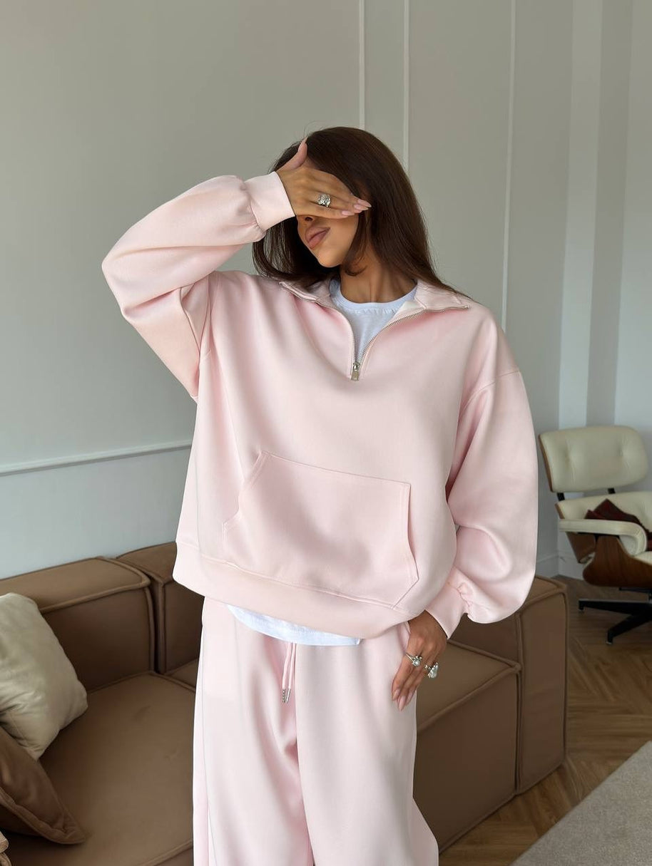 Damen bequemer und stylischer Fleece-Pullover mit halbem Reißverschluss und weiten Hosen WW