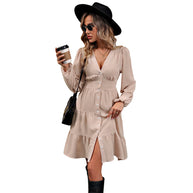 Damen knielanges Hemdkleid mit elegantem V-Ausschnitt und Rüschensaum WW