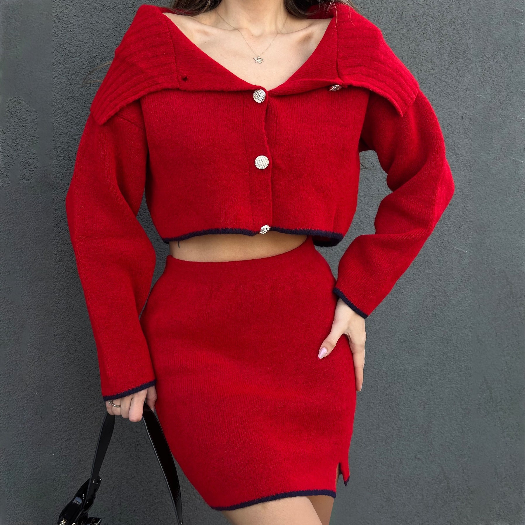 Damen Set mit hochgeschlossenem Crop-Oberteil und Minirock WW