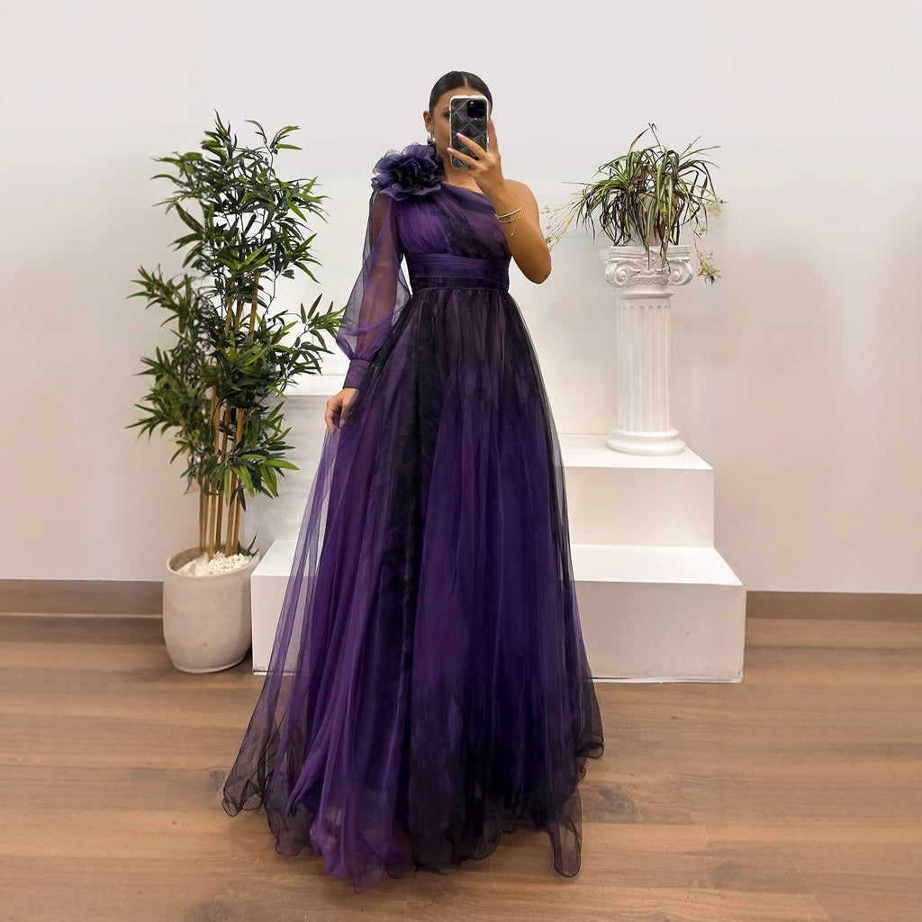 WW | Frühling Herbst Schräg Schulter Mesh Blumenmuster Kleid Lässig Locker Festlich Kleid