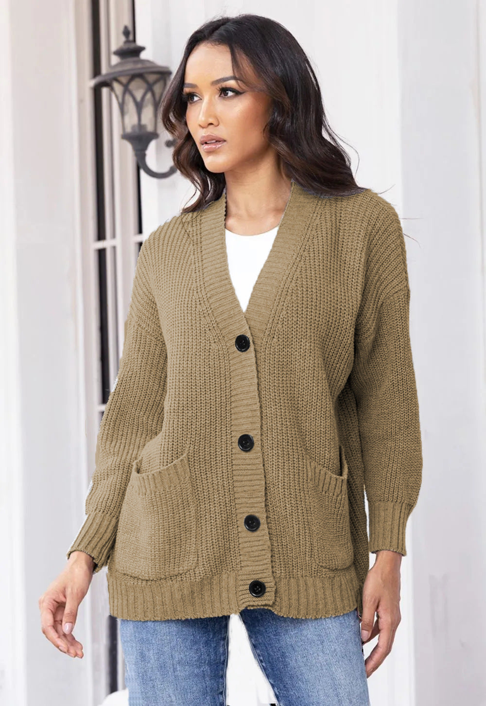 Damen Strickjacke mit großen Taschen und klassischem Knopfverschluss WW