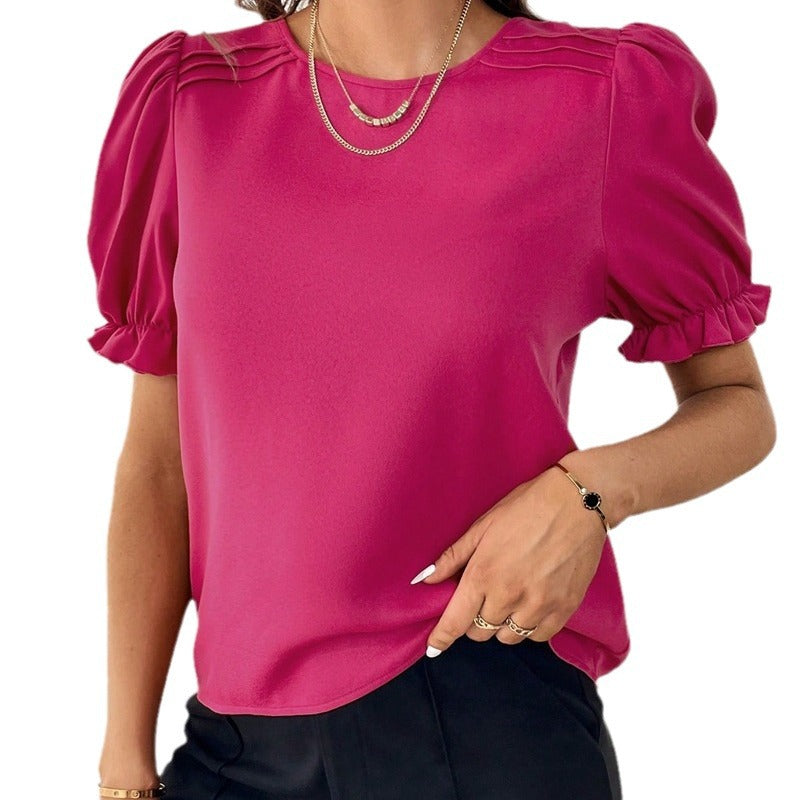 W&W Mode Pure-Color-Rundhals-Shirt-Top mit Temperament