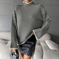 Damen Strickpullover mit lässigem Stehkragen und eleganten Streifen WW