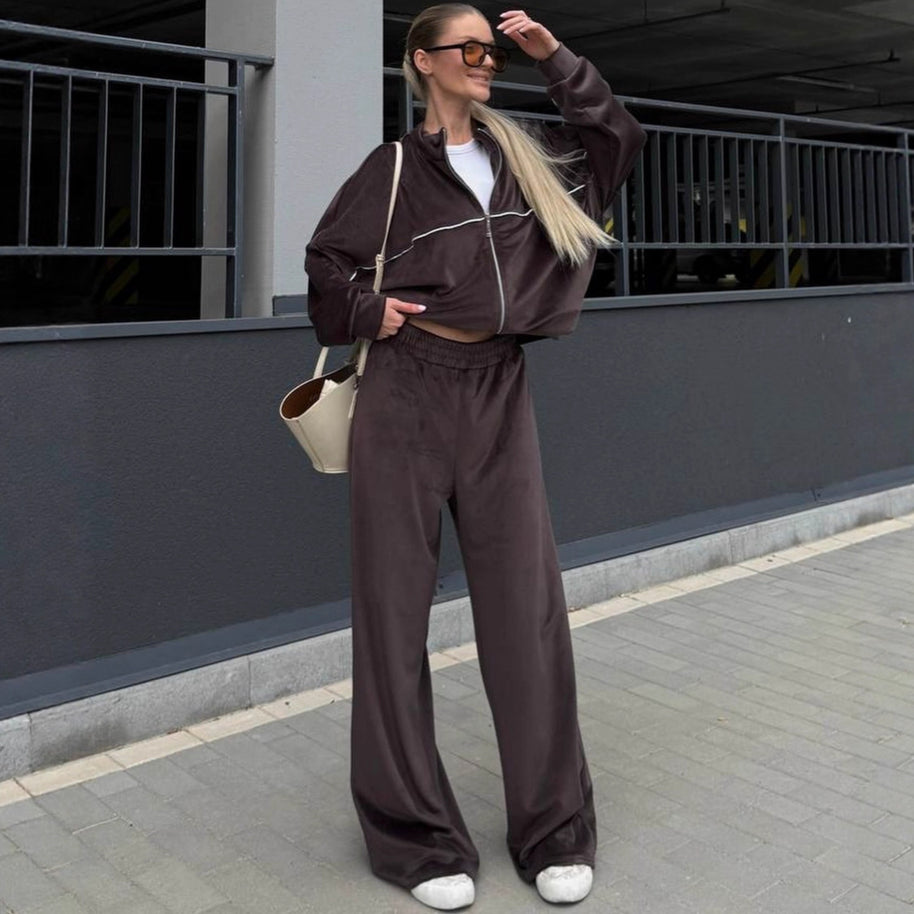 Damen sportlicher Velours-Loungewear-Anzug mit breiten Hosen WW