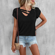 Damen lässiges Kurzarm T-Shirt mit einzigartigem Kreuz-Ausschnitt WW