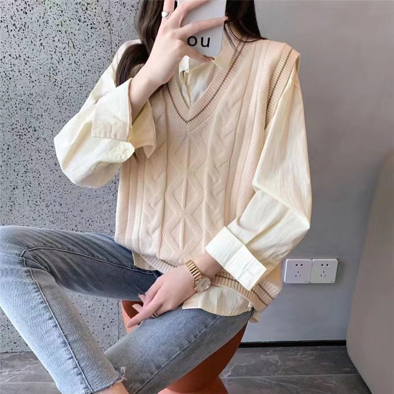 Damen Strickpullover mit V-Ausschnitt und geometrischem Zopfmuster WW