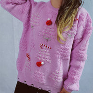Damen festlicher Pullover mit kreativen Weihnachtsmotiven und strukturiertem Design WW