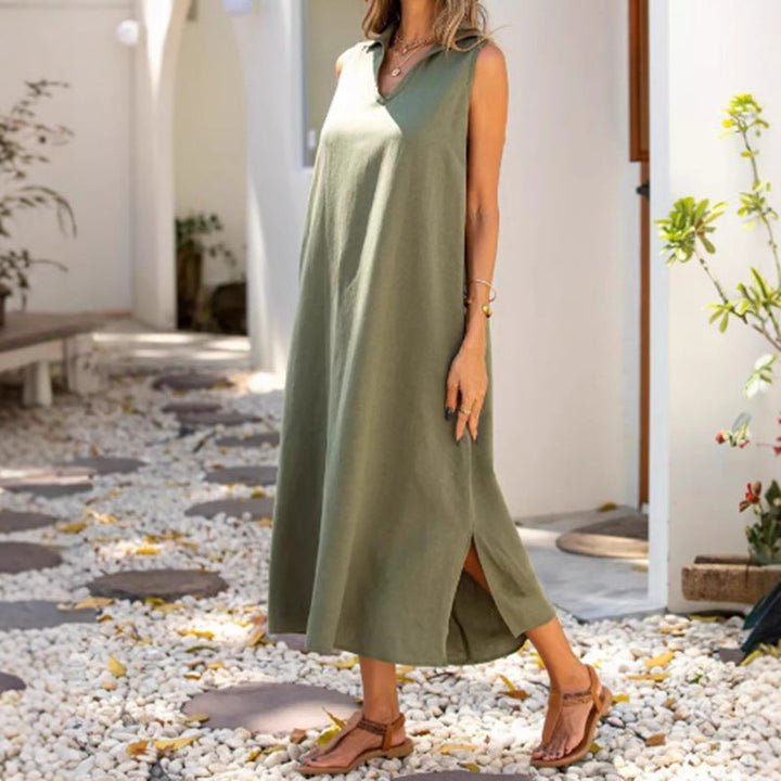 Damen ärmelloses Maxikleid mit tiefem V-Ausschnitt und seitlichen Schlitzen W&W Mode