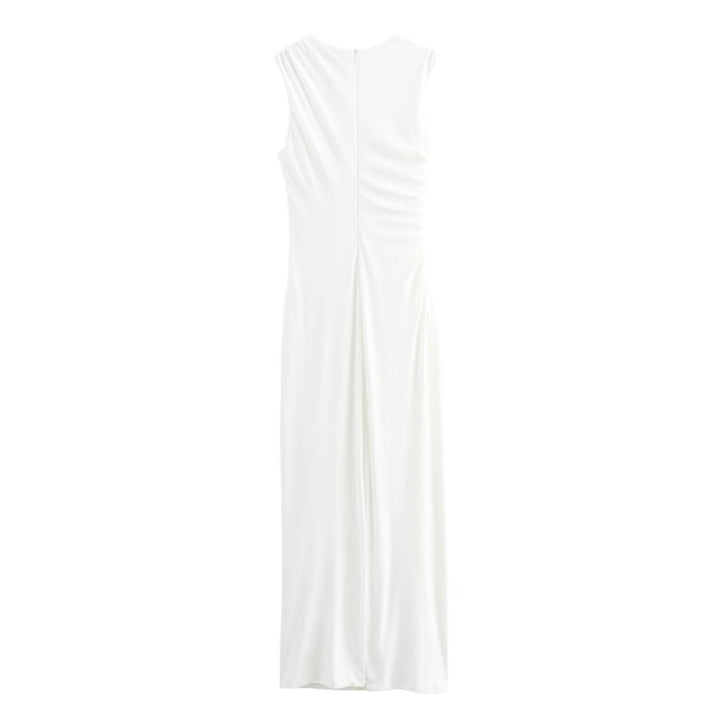 W&W Mode | Einfarbiges Rundhalsausschnitt Ärmelloses Faltendes Slim Fit Kleid