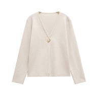 Damen schicke Strickjacke mit elegantem V-Ausschnitt und dekorativem Knopf WW