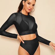 Damen Sport-Bikini-Set mit Langarm-Oberteil und Hoher Taille WW
