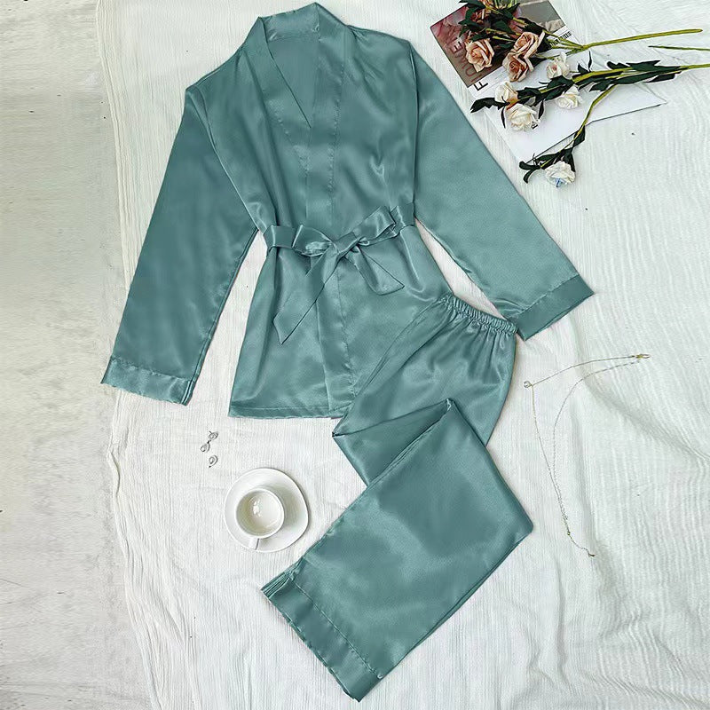Damen satinierter Kimono-Style Morgenmantel und Hose Set WW