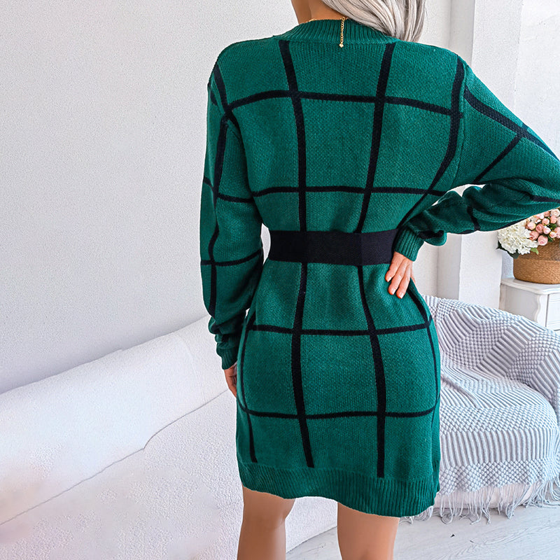 WW Kleid | Lockeres Strickkleid mit Karo-muster und langen Ärmeln