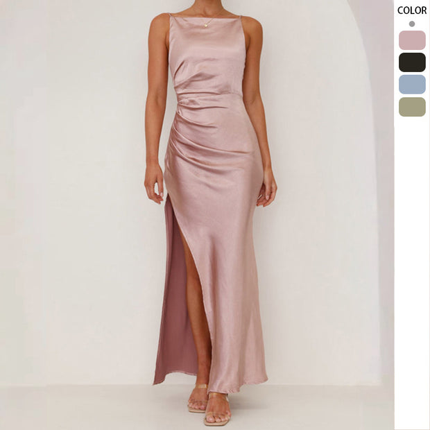Damen Maxikleid mit elegantem Satin-Finish und hoch geschnittenem Schlitz WW