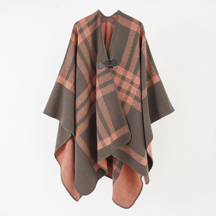 Damen Luxuriöser Geometrischer Poncho aus weichem Material mit dezenter Knopfverzierung WW