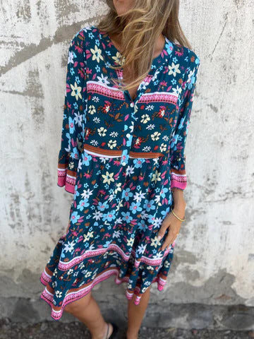 Damen Boho-Chic Kleid mit floralen Mustern und Knopfleiste WW