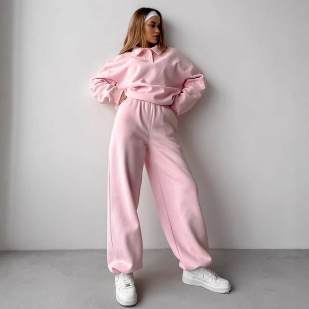 Damen sportliches Fleece-Set mit weiten Hosen und Polokragen WW