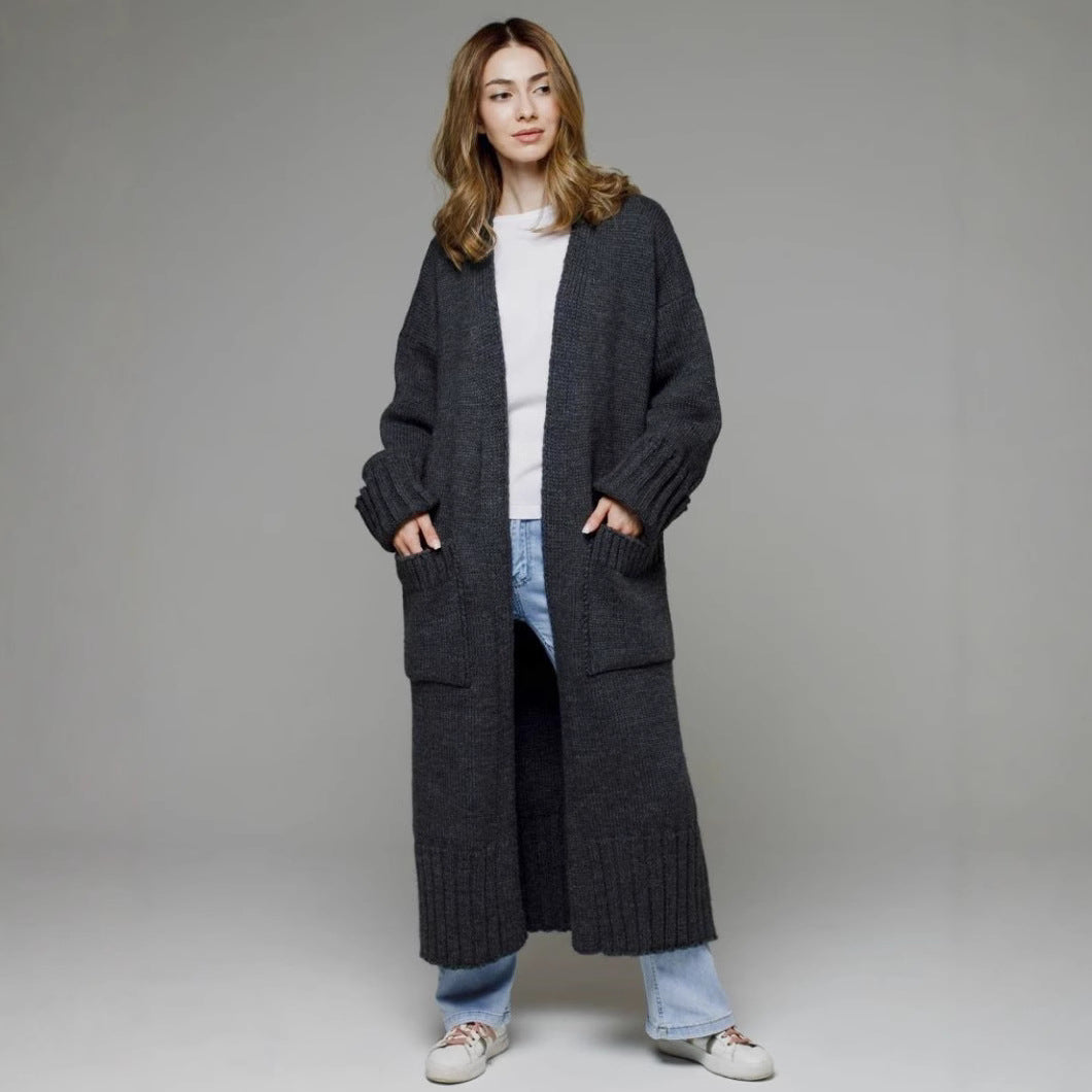 Damen bequemer langer Strickcardigan mit Taschen und breiten Ärmeln WW