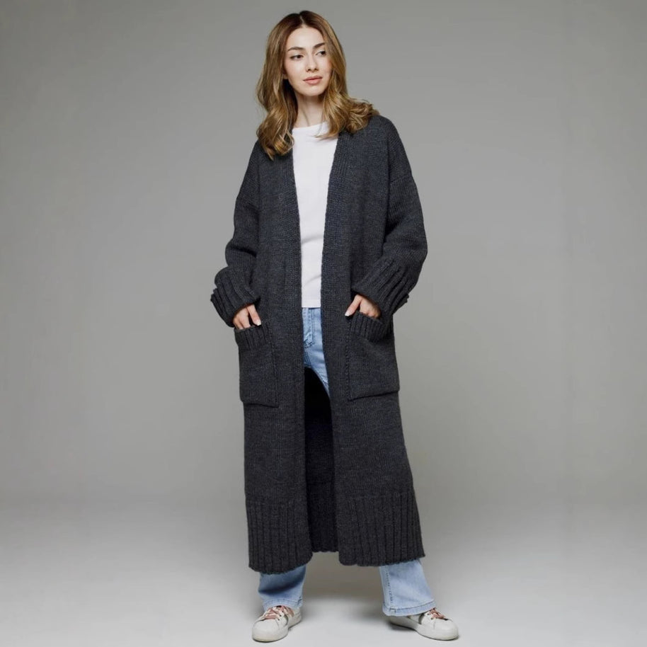 Damen bequemer langer Strickcardigan mit Taschen und breiten Ärmeln WW