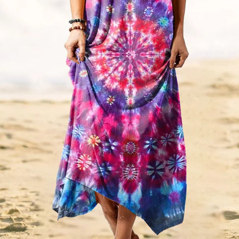 Damen Freizeit-Maxikleid mit buntem Batik-Design und eleganter Stickerei WW