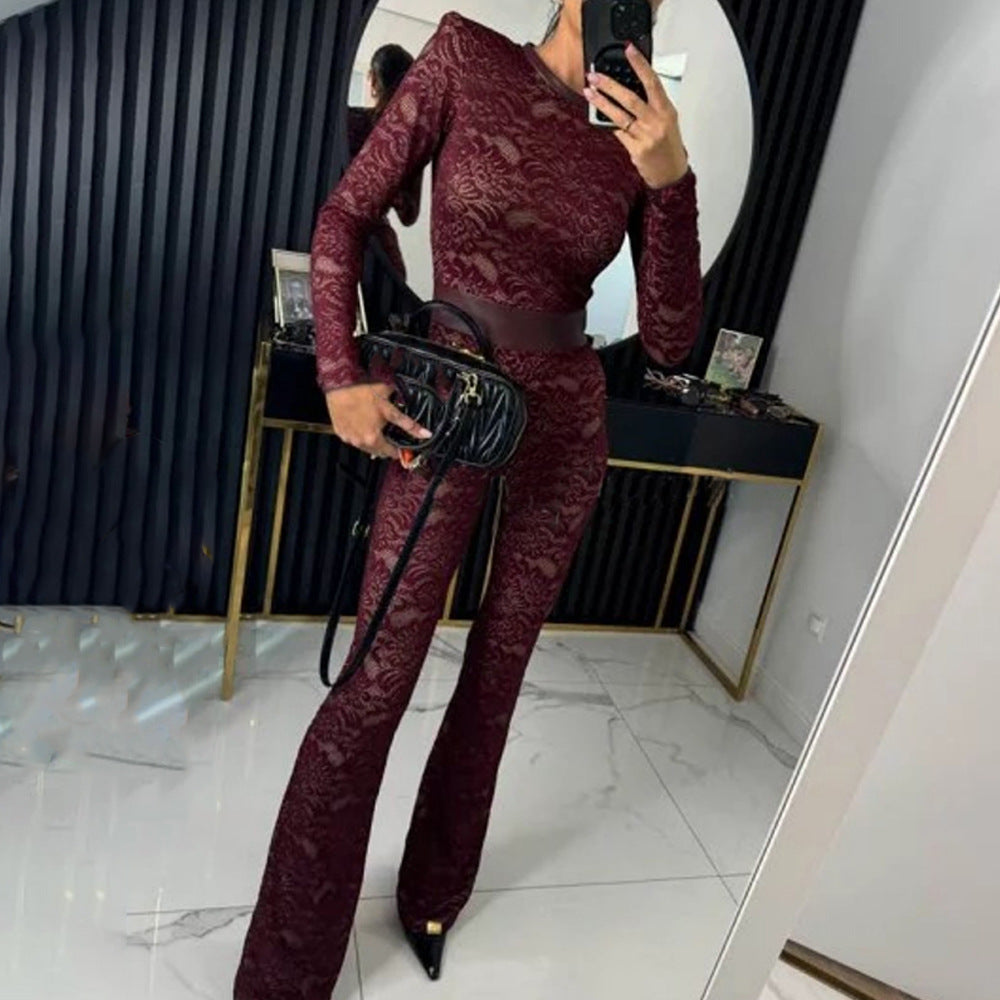 Damen Eleganter Spitzen-Overall mit floralen Motiven W&W Mode