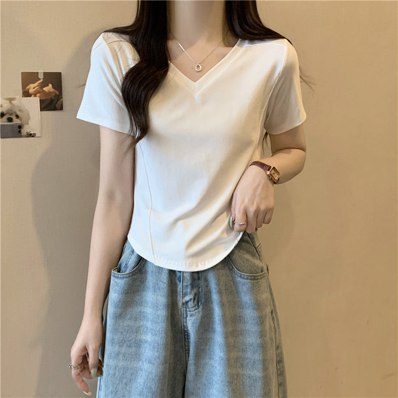 Damen V-Ausschnitt Lässig Enges T-Shirt WW