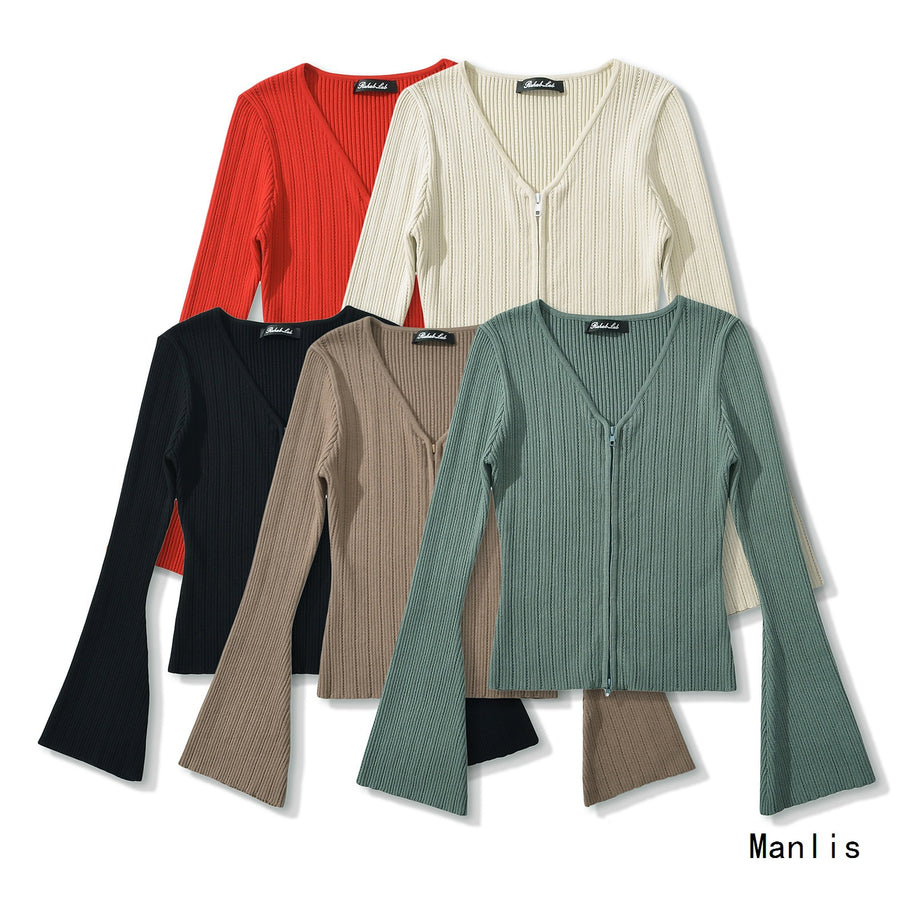 Damen Strickoberteil mit tiefem V-Ausschnitt und Zip-Verschluss WW