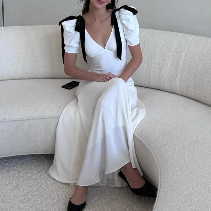 W&W Mode | Sanfte Weiß Tiefer V Schleifen Puffärmel Schlankes Kleid