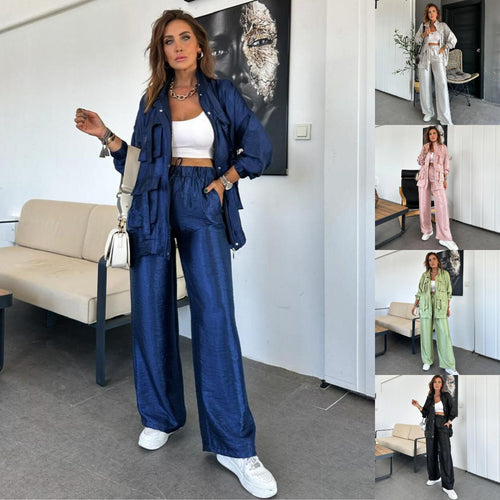 Damen athletisches Freizeit-Set mit elegantem Glanz und praktischen Taschen WW