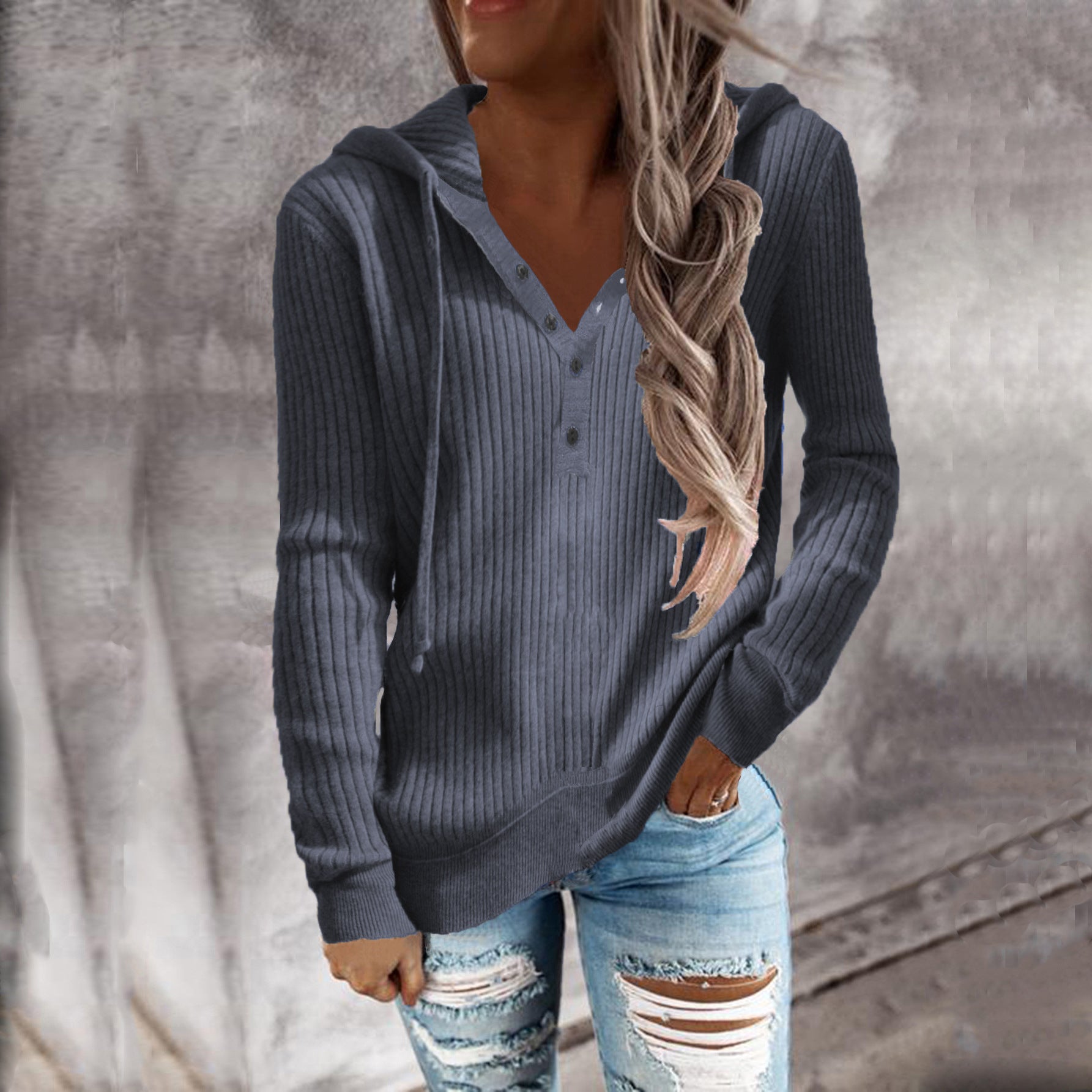 Damen Bequeme gestreifte Kapuzenpullover mit Knopfleiste WW