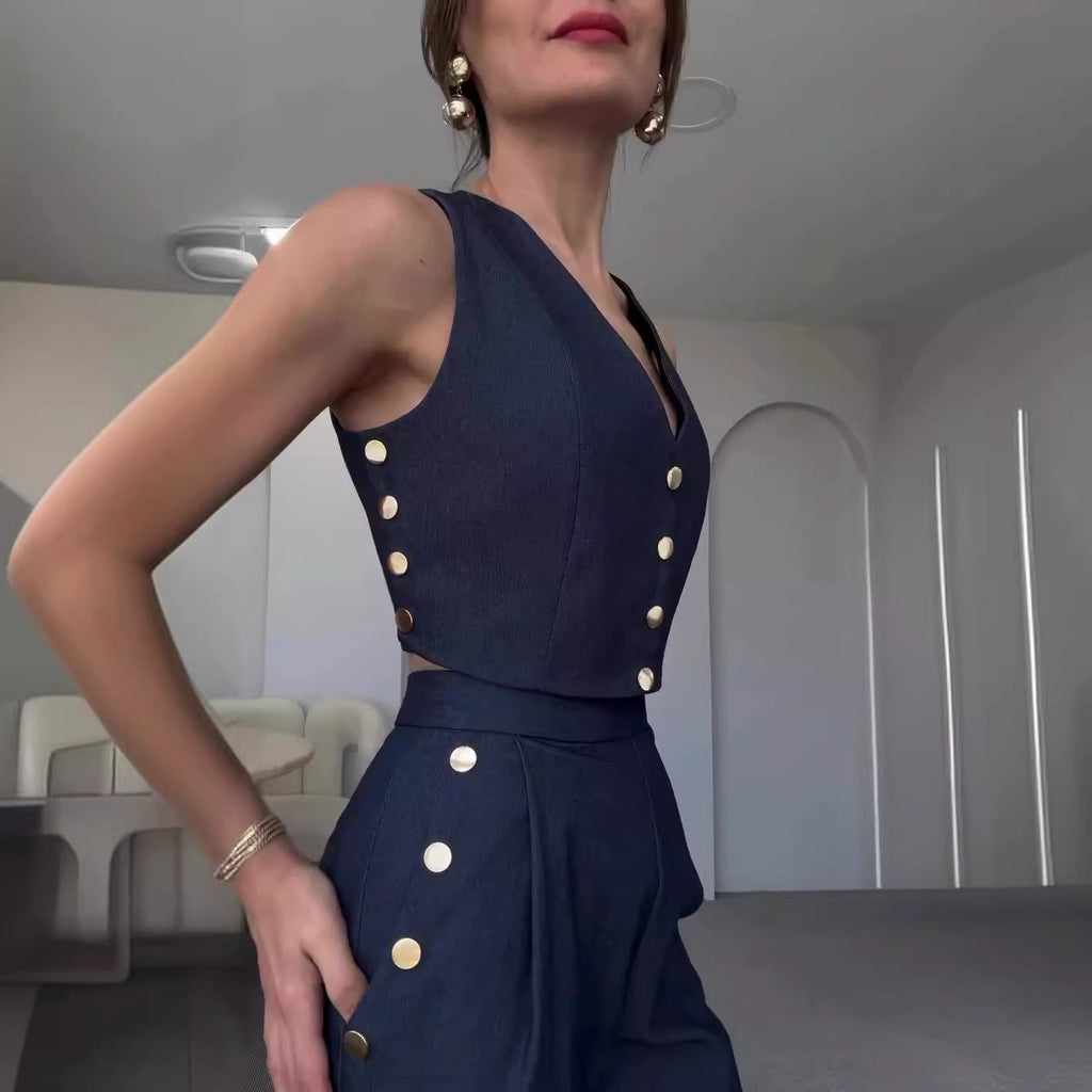 Damen Crop-Top mit eleganten Knöpfen und High-Waist-Hose WW