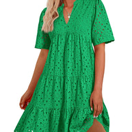 Damen luftiges Midikleid mit romantischem Lochmuster und V-Ausschnitt WW